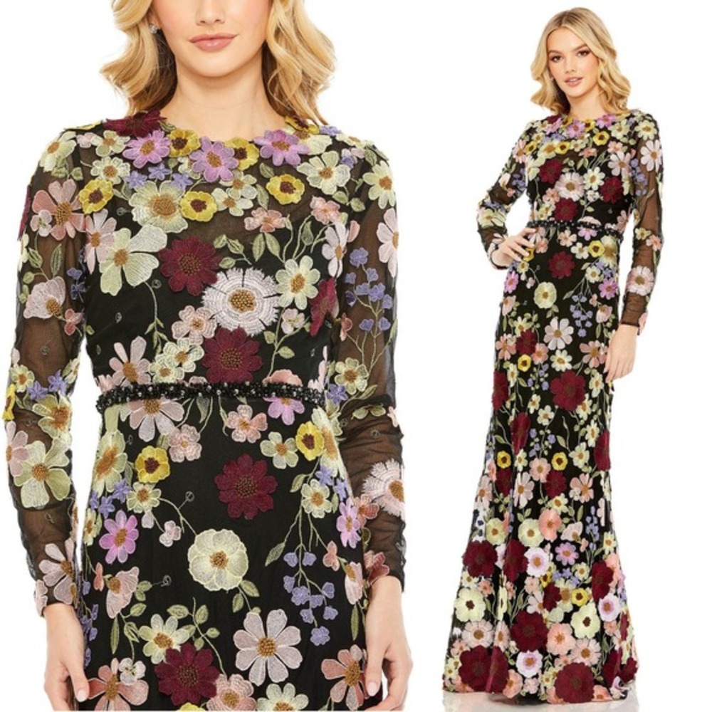 Mac Duggal Embroidered Appliqué High Neck‎ Long Sleeve Trumpet Gown $798 Size 10